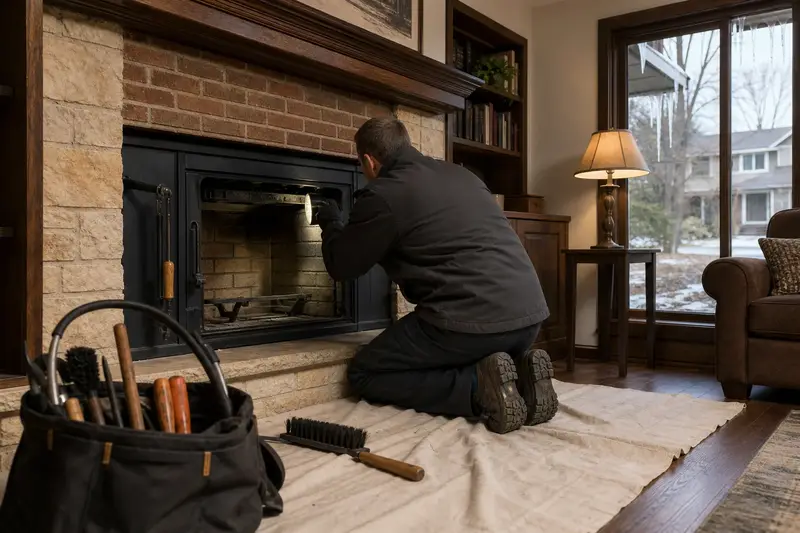 A technician checking the damper of a wood-burning insert in a brick opening by flashlight before winter, the fireplace cold; illustrative image