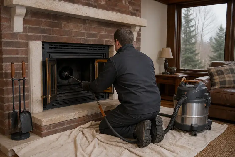 A technician feeding a rotary chimney brush up the flue of a wood-burning insert in a brick opening, drop cloths and a sealed vacuum on the hearth, the fireplace cold and unlit; illustrative image