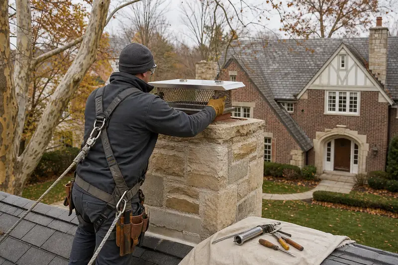 A harnessed technician setting a stainless steel mesh chimney cap onto a stone masonry chimney; illustrative image
