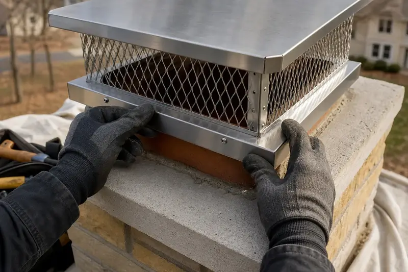 A stainless steel mesh cap seated on a flue above a concrete crown, seen up close; illustrative image