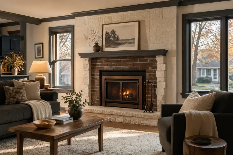 A living room with a wood-burning insert in a brick opening and a small fire behind a screen, no one present; illustrative image