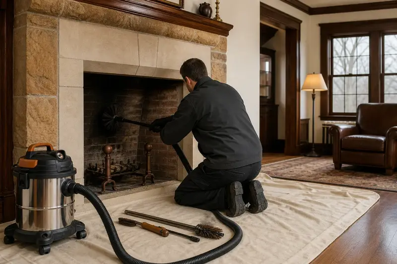 A technician kneeling at an open masonry wood-burning fireplace with a sealed vacuum and drop cloths, the fireplace cold and unlit; illustrative image