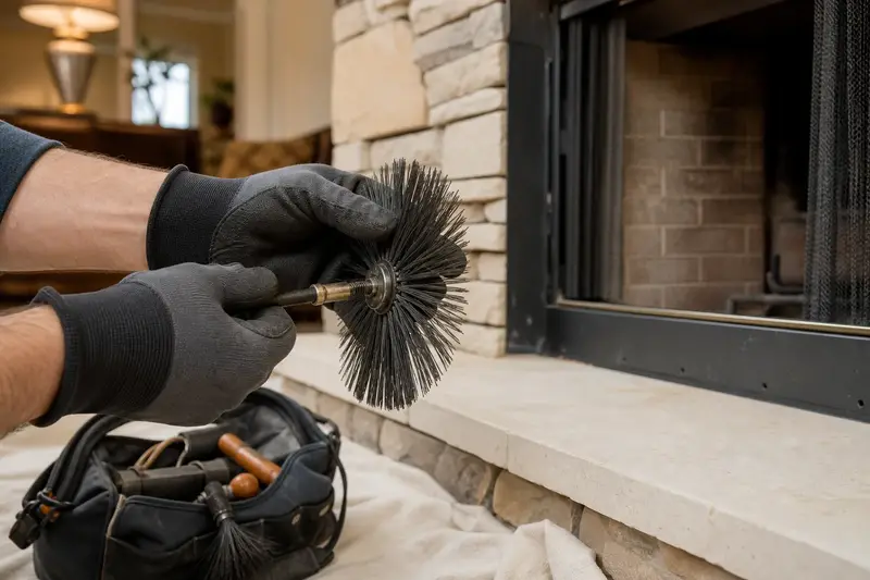 Gloved hands fitting a round wire brush onto a flexible rod at the hearth of a factory-built wood-burning fireplace with a stone facing; illustrative image
