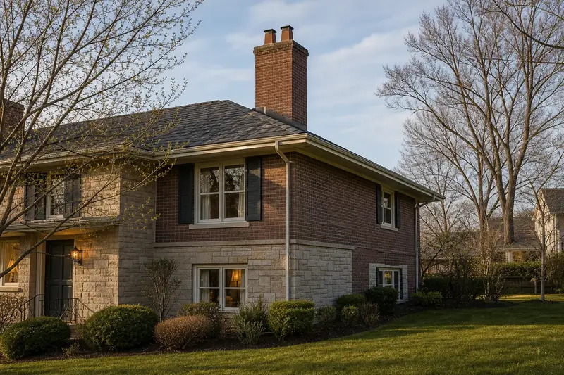 A 1990s split-level house in soft daylight with a two-flue brick chimney on a slate roof standing clear above the roofline; illustrative image