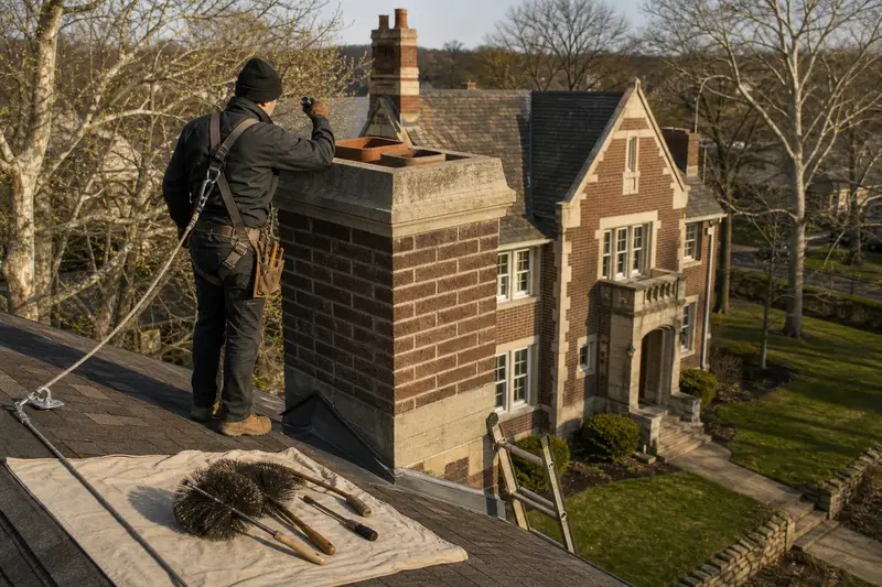 A harnessed technician examining the top of a tall brick chimney on a steep gable roof with a flashlight from a dry roof surface; illustrative image