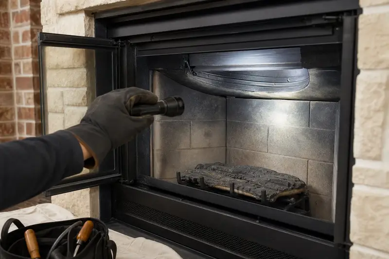 A flashlight beam across the smoke chamber and damper of a direct-vent gas fireplace, a gloved hand holding the light; illustrative image