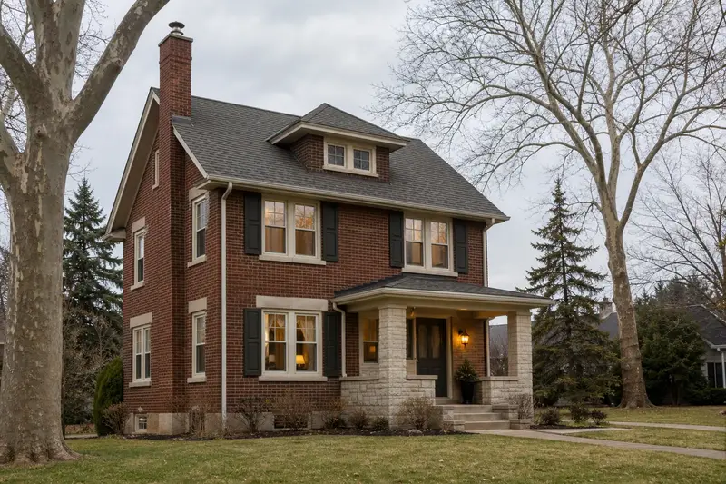 A 1940s brick foursquare house with a tall brick chimney on a steep gable roof fitted with a stainless steel liner cap; illustrative image
