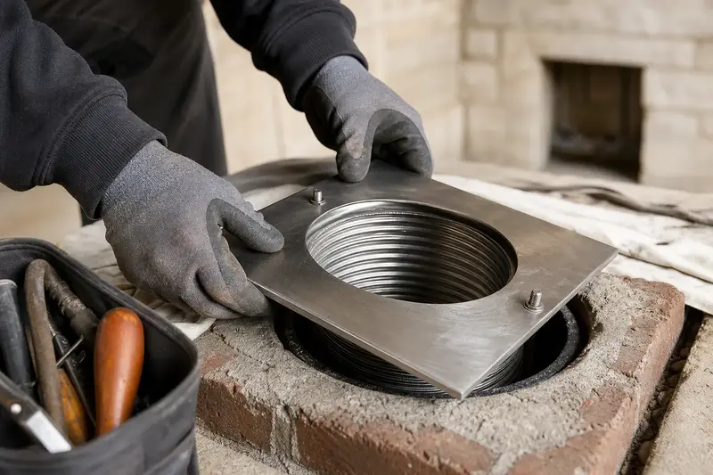 Gloved hands fitting a stainless steel liner top plate at a flue opening; illustrative image