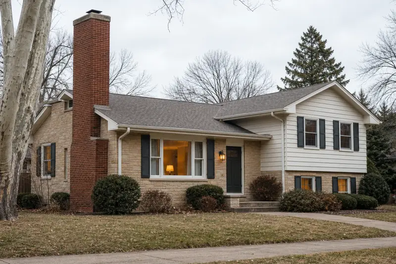 A 1960s split-level house with a red brick chimney with a concrete crown rising above the roof; illustrative image