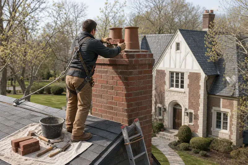 A harnessed mason setting a replacement brick near the top of a two-flue brick chimney on a slate roof; illustrative image