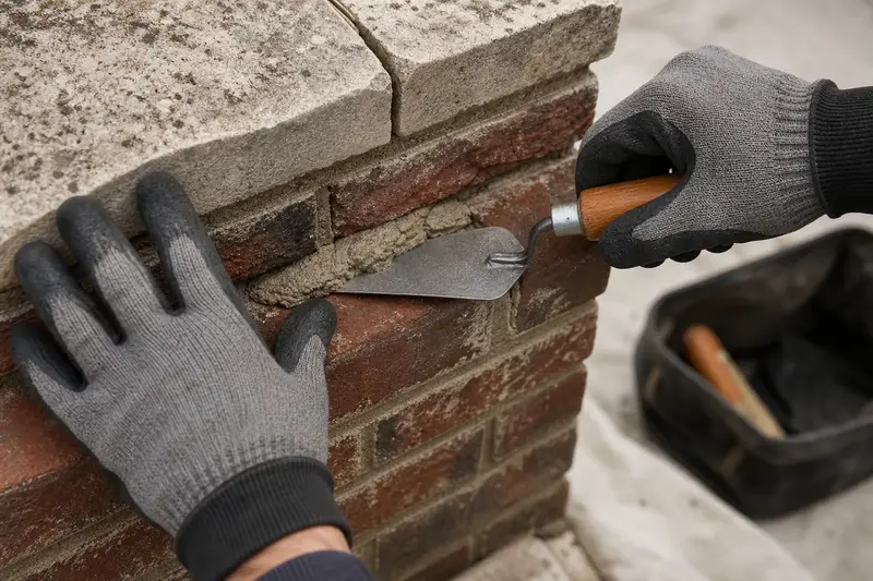 Gloved hands pressing fresh mortar into a raked joint with a tuckpointing trowel; illustrative image