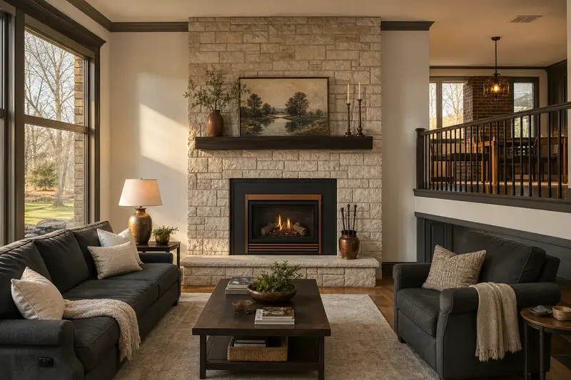 A remodeled living room with a direct-vent gas fireplace framed by a floor-to-ceiling stone surround; illustrative image