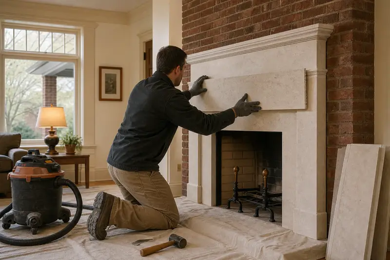 An installer setting a large stone panel onto a new fireplace surround, the firebox cold; illustrative image