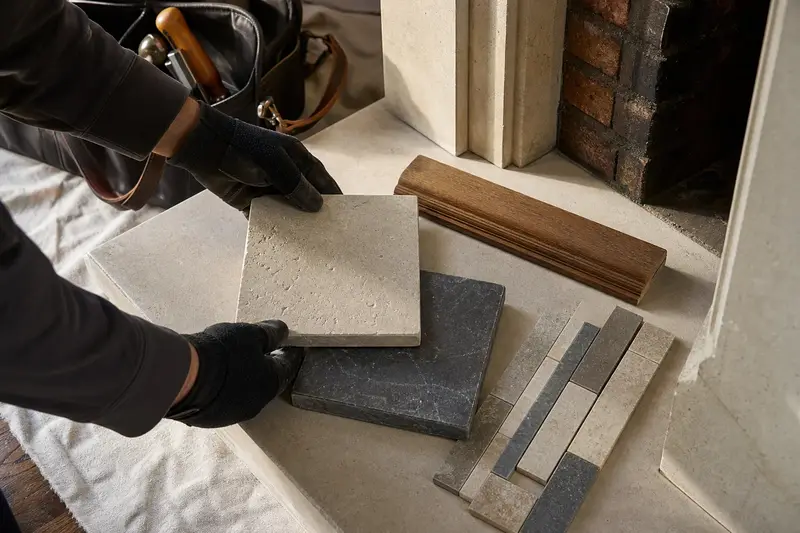 Samples of stone, tile and a mantel wood finish laid out on a hearth; illustrative image