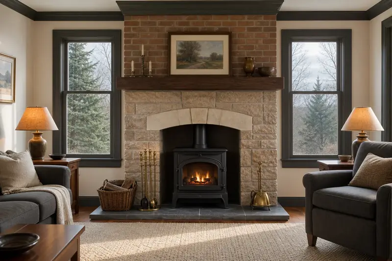 A restored hearth room with a cast-iron wood stove on a stone hearth pad, a clean hearth and brass fireplace tools; illustrative image