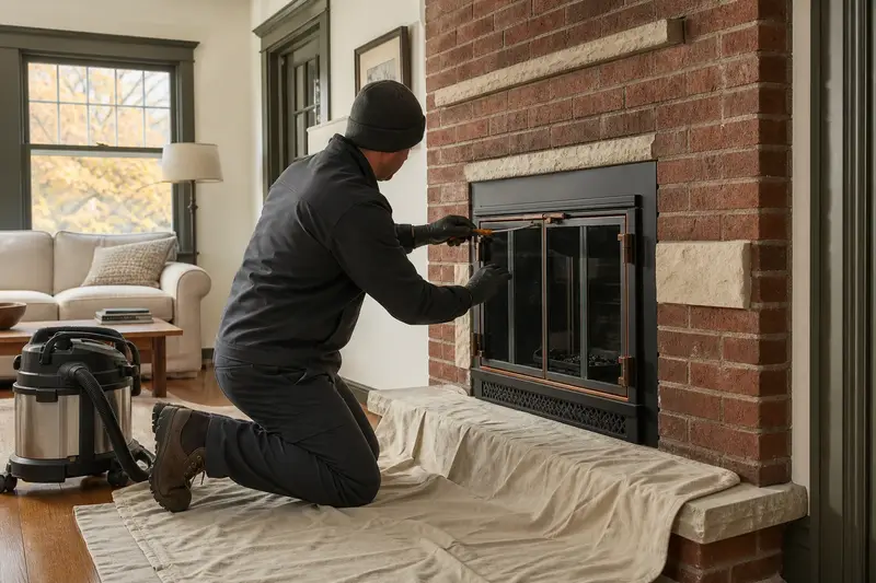 A technician adjusting the glass doors of a wood-burning insert in a brick opening with a hand tool, the fireplace unlit; illustrative image