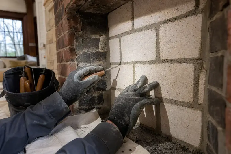 New firebrick and refractory mortar in the back wall of an open masonry wood-burning fireplace, seen up close; illustrative image