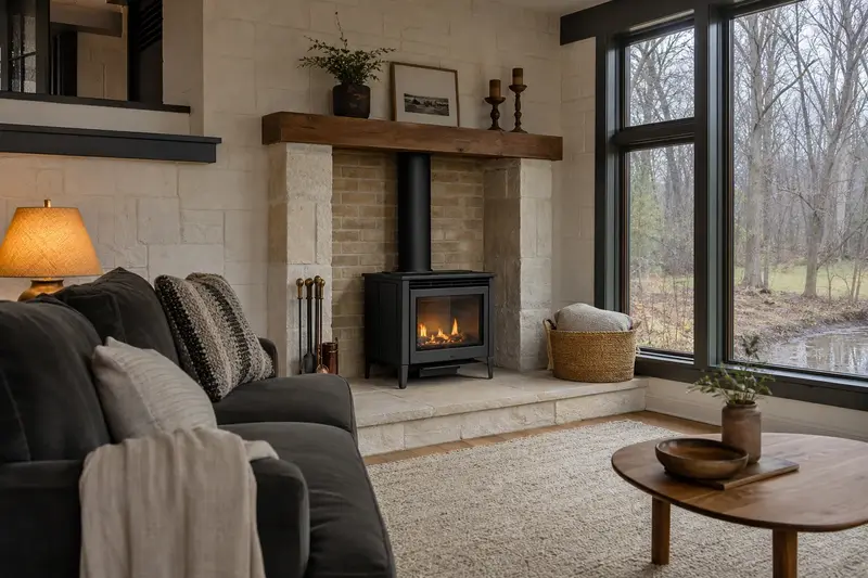 A warm living room with a freestanding gas stove glowing softly behind its glass, no one present; illustrative image
