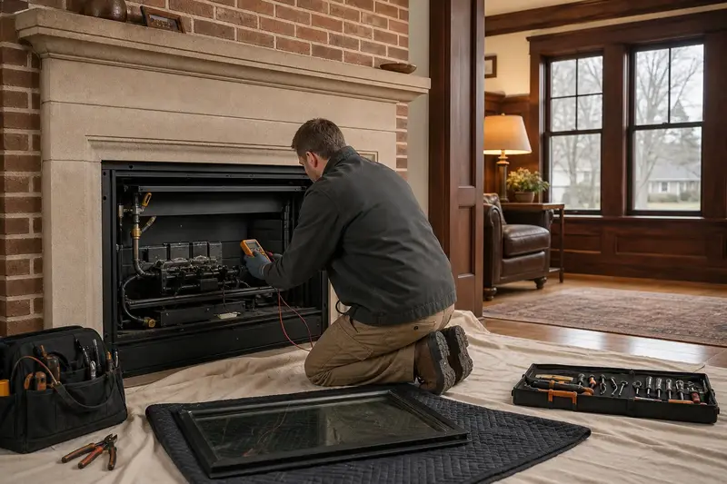 A technician kneeling at a direct-vent gas fireplace with the glass front removed, testing the controls with a multimeter; illustrative image