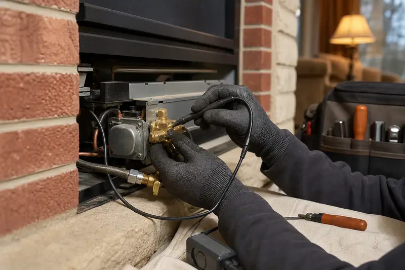 Gloved hands holding a manometer probe at the gas valve beneath a gas insert set in a brick opening; illustrative image