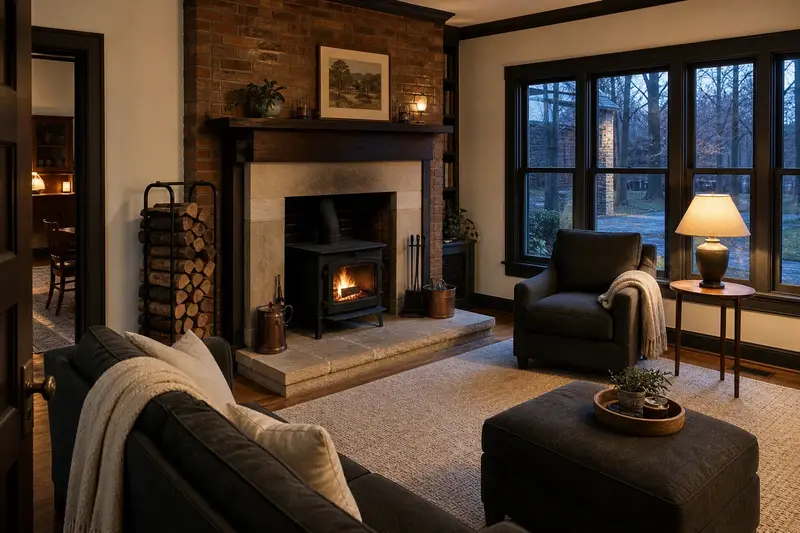 A hearth room with a cast-iron wood stove on a stone hearth pad, split firewood in a steel rack and a clear hearth; illustrative image