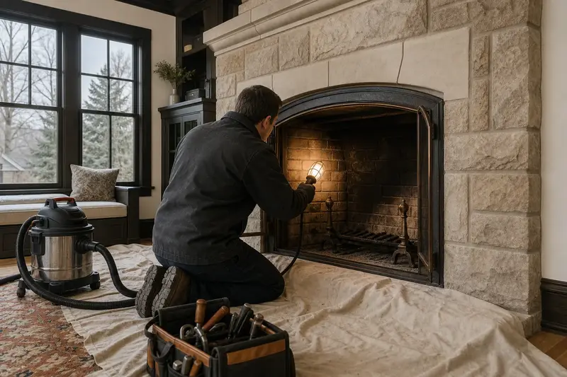 A technician checking the firebox walls of a factory-built wood-burning fireplace with a stone facing with a work light, a drop cloth on the hearth; illustrative image