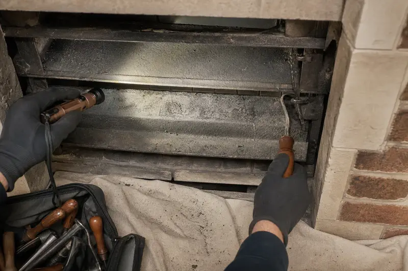 A smoke shelf and damper frame lit by a flashlight beam; illustrative image
