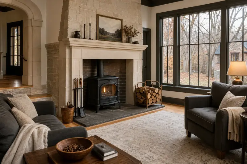 A tidy hearth room with a cast-iron wood stove on a stone hearth pad, a cleared hearth, fireplace tools and split firewood; illustrative image