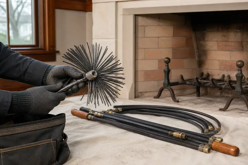 A rotary brush head and flexible rods laid on a canvas drop cloth beside an open masonry wood-burning fireplace; illustrative image