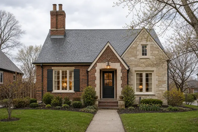 A 1950s brick-and-sandstone house in soft daylight with a two-flue brick chimney on a slate roof standing clear above the roofline; illustrative image