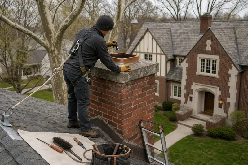 A harnessed technician examining the top of a red brick chimney with a concrete crown with a flashlight from a dry roof surface; illustrative image