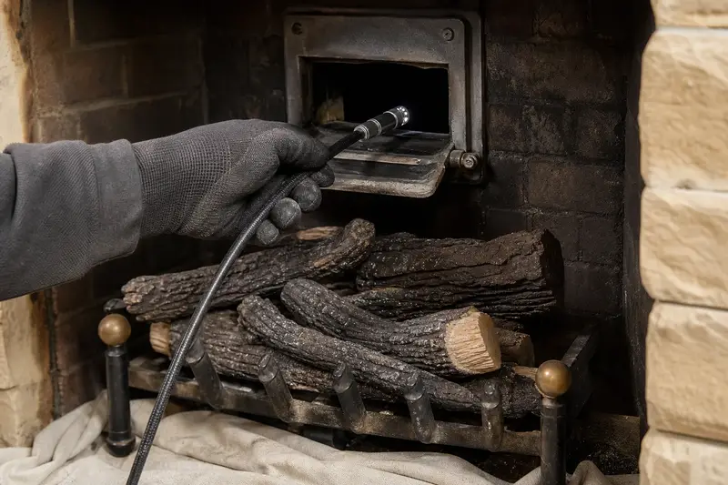 An inspection camera head on a flexible cable at the damper opening of a vented gas log set in a masonry firebox; illustrative image