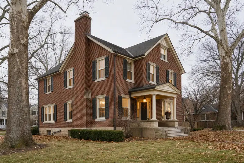 A 1950s brick foursquare house with a tall brick chimney on a steep gable roof and neat, even mortar joints; illustrative image
