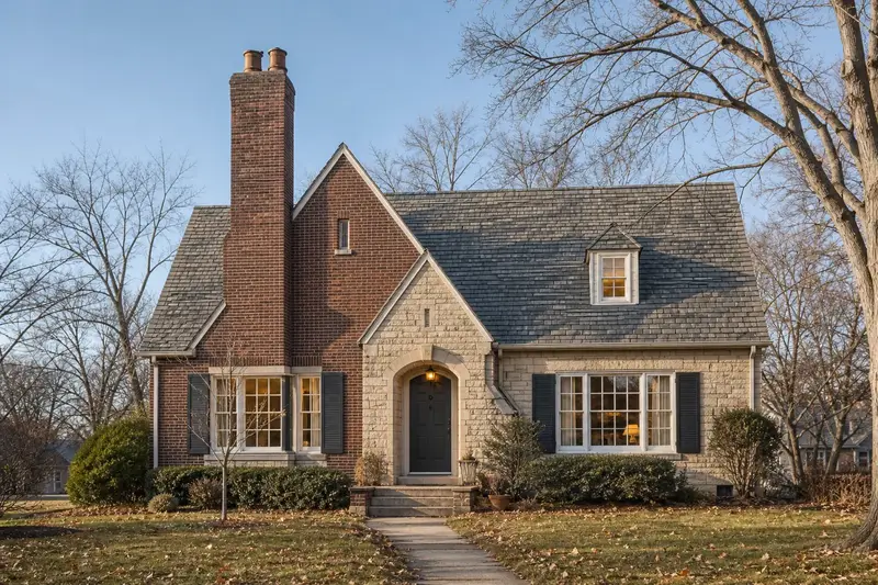 A 1950s brick-and-sandstone house with a tall brick chimney on a steep gable roof and neat mortar joints; illustrative image