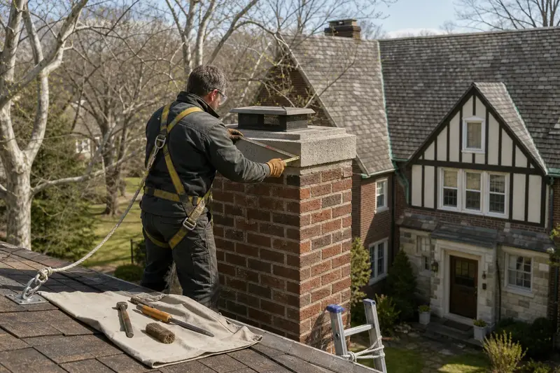 A harnessed mason measuring the crown of a red brick chimney with a concrete crown with a folding rule; illustrative image