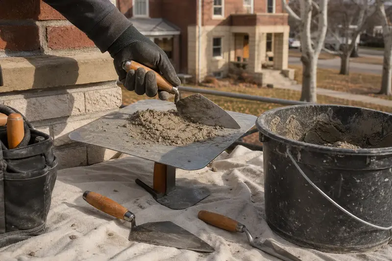 A mortar hawk, trowels and a bucket of mixed mortar set on a roof work platform; illustrative image