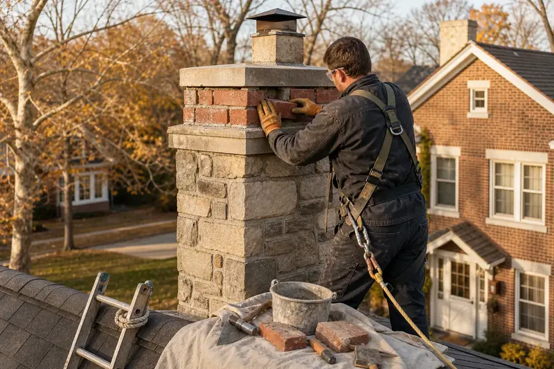 A harnessed mason setting a replacement brick near the top of a stone masonry chimney; illustrative image