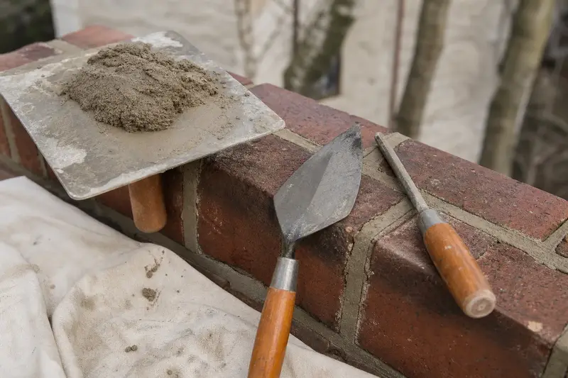 A mortar hawk, pointing trowel and jointer resting on sound brick at a chimney shoulder; illustrative image