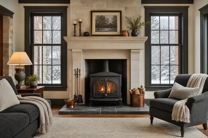 A cozy winter room with a cast-iron wood stove on a stone hearth pad, glass doors closed and a wool throw on a chair; illustrative image