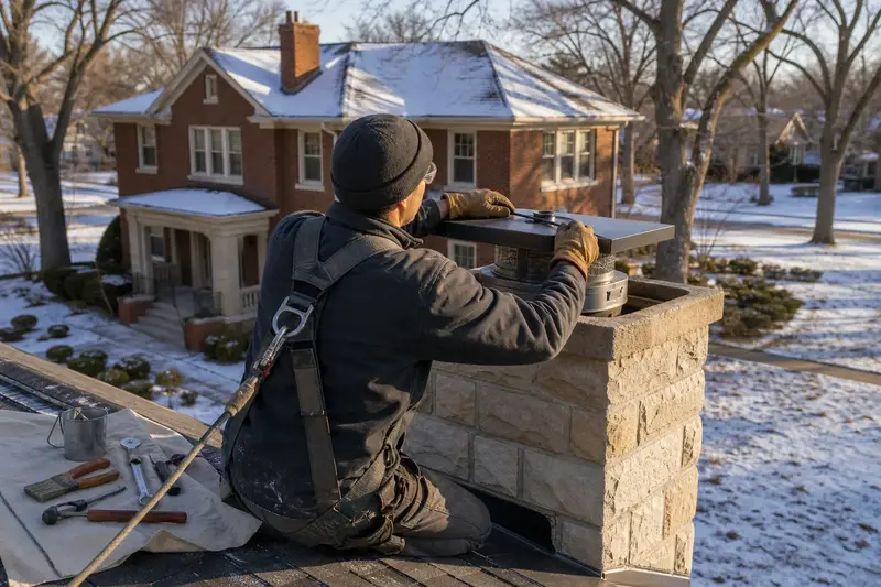 A harnessed technician installing a top-sealing damper on a stone masonry chimney; illustrative image