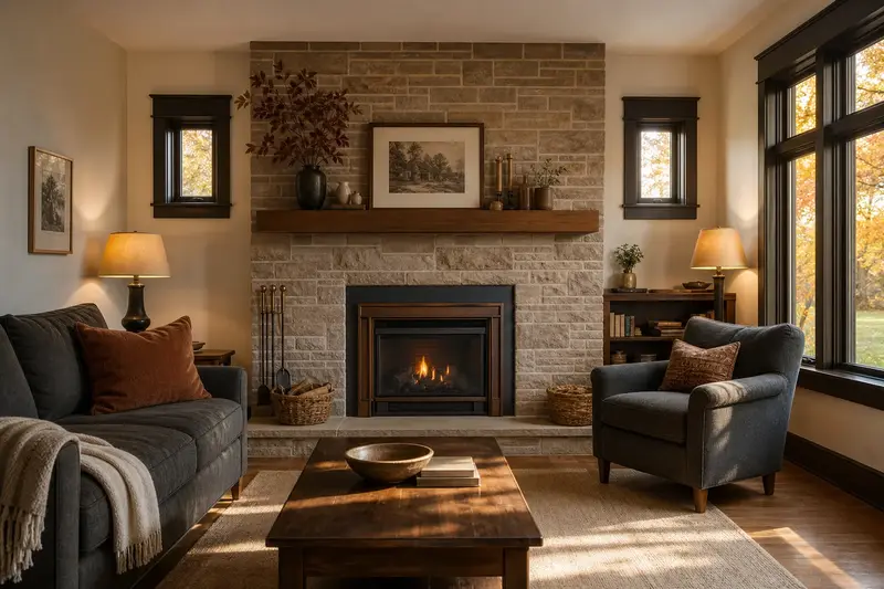 A warm hearth room with a gas insert set in a brick opening on a cool evening, no one present; illustrative image