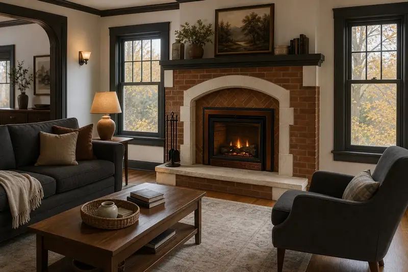 A warm living room with a gas insert set in a brick opening glowing softly behind its glass, no one present; illustrative image