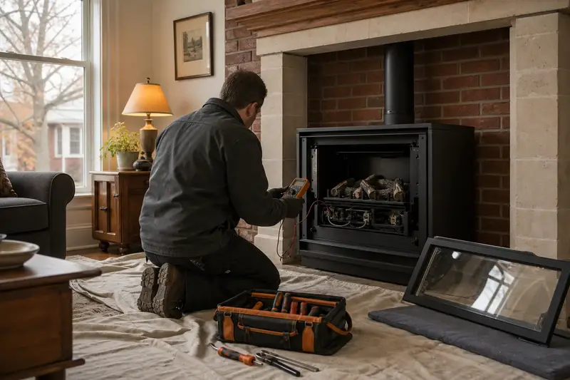 A technician kneeling at a freestanding gas stove with the glass front removed, testing the controls with a multimeter; illustrative image