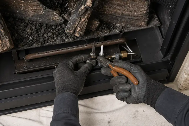 The burner, pilot assembly and ember bed inside a direct-vent gas fireplace, unlit, seen up close; illustrative image