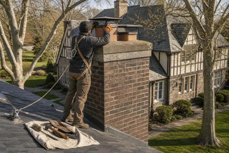 A harnessed technician checking the cap and crown of a two-flue brick chimney on a slate roof before the heating season; illustrative image
