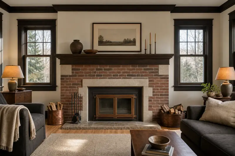 A calm hearth room with a wood-burning insert in a brick opening, glass doors closed and no fire; illustrative image