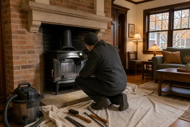 A technician checking the damper and smoke chamber of a cast-iron wood stove on a stone hearth pad by flashlight, the fireplace cold; illustrative image