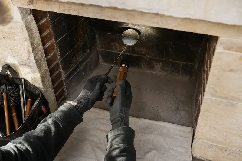 An inspection mirror and flashlight held at the throat of a cold masonry firebox; illustrative image