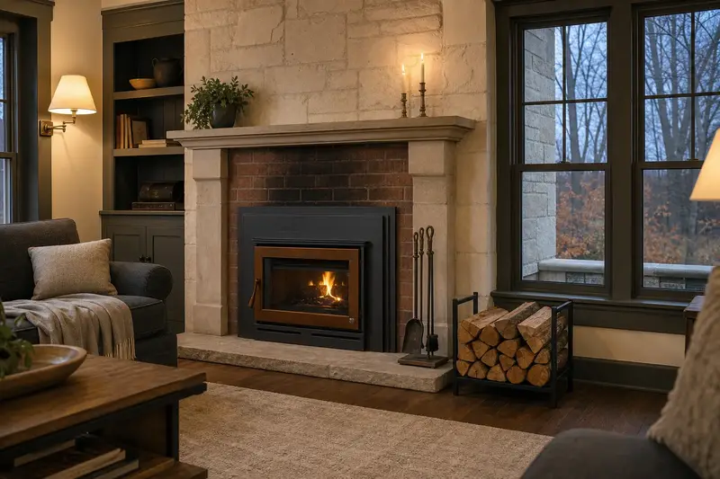 A hearth room with a wood-burning insert in a brick opening, split firewood in a steel rack and a clear hearth; illustrative image