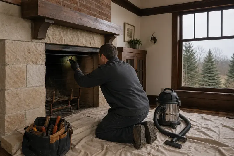 A technician adjusting the damper handle of an open masonry wood-burning fireplace by flashlight, the fireplace cold; illustrative image